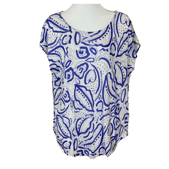 C & C California 100% Linen Cap Sleeve Blue White Floral Curved Hem Tee Small - Picture 1 of 6
